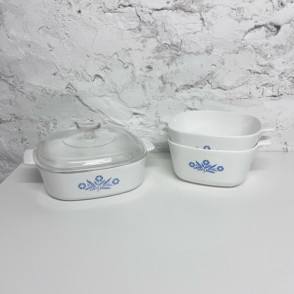 1970s Corning Ware Blue Cornflower set of x3, open casserole dishes x3 + x1 lid - Picture 6 of 7